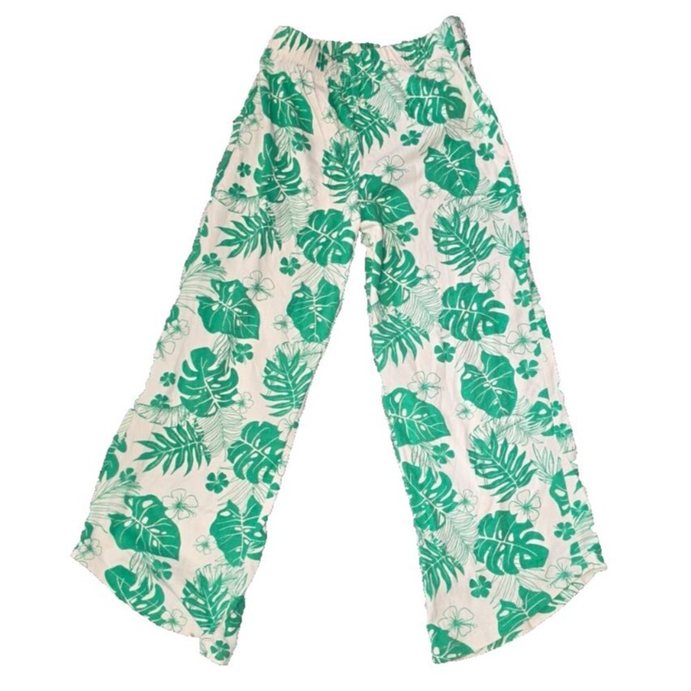 Zara Pants Girls Green Cream Size 11-12 Years 152 CM Elastic Waist Leaf Print